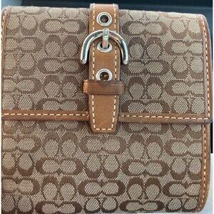 VTG Y2K Coach Tan Brown C Leather BiFold Wallet Silver Buckle Coin White Stitch
